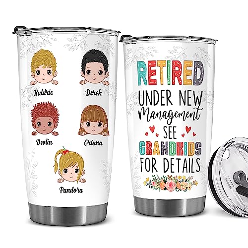 Retired Tumbler Retired Under New Management See Grandkids For Details Tumbler Funny Happy Retirement Gift For Grandma Women From Grandkids On Mothers Day Birthday Anniversary Christmas