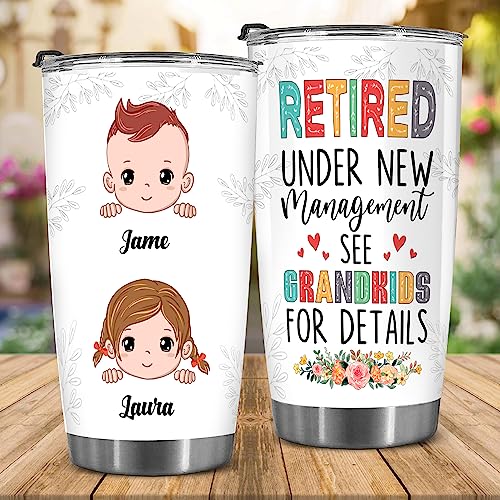 Retired Tumbler Retired Under New Management See Grandkids For Details Tumbler Funny Happy Retirement Gift For Grandma Women From Grandkids On Mothers Day Birthday Anniversary Christmas