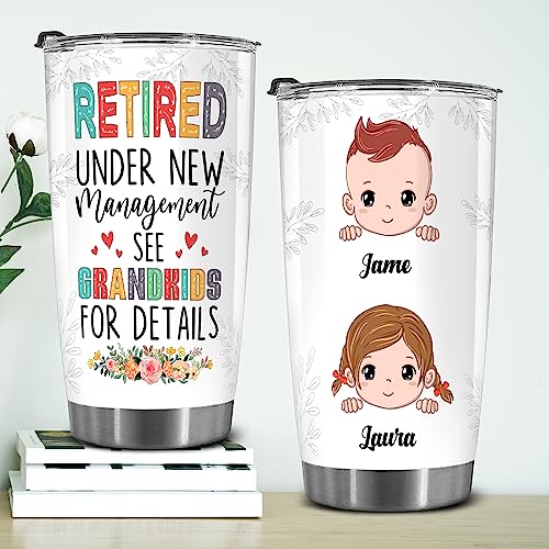 Retired Tumbler Retired Under New Management See Grandkids For Details Tumbler Funny Happy Retirement Gift For Grandma Women From Grandkids On Mothers Day Birthday Anniversary Christmas