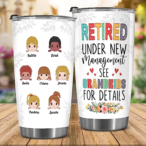 Retired Tumbler Retired Under New Management See Grandkids For Details Tumbler Funny Happy Retirement Gift For Grandma Women From Grandkids On Mothers Day Birthday Anniversary Christmas
