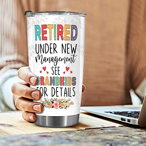 Retired Tumbler Retired Under New Management See Grandkids For Details Tumbler Funny Happy Retirement Gift For Grandma Women From Grandkids On Mothers Day Birthday Anniversary Christmas