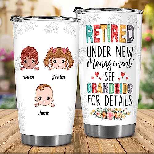 Retired Tumbler Retired Under New Management See Grandkids For Details Tumbler Funny Happy Retirement Gift For Grandma Women From Grandkids On Mothers Day Birthday Anniversary Christmas