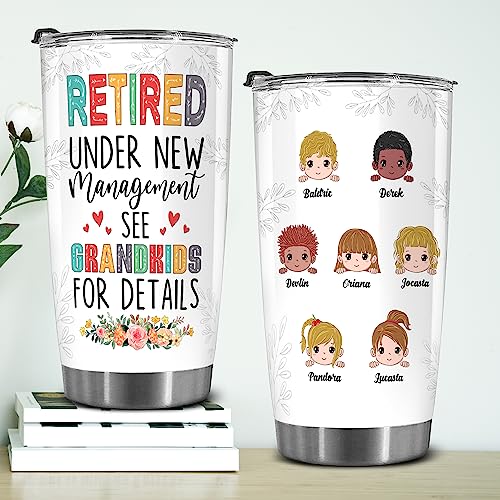 Retired Tumbler Retired Under New Management See Grandkids For Details Tumbler Funny Happy Retirement Gift For Grandma Women From Grandkids On Mothers Day Birthday Anniversary Christmas