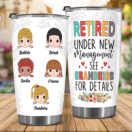 Retired Tumbler Retired Under New Management See Grandkids For Details Tumbler Funny Happy Retirement Gift For Grandma Women From Grandkids On Mothers Day Birthday Anniversary Christmas