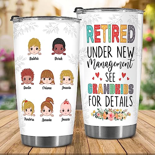 Retired Tumbler Retired Under New Management See Grandkids For Details Tumbler Funny Happy Retirement Gift For Grandma Women From Grandkids On Mothers Day Birthday Anniversary Christmas