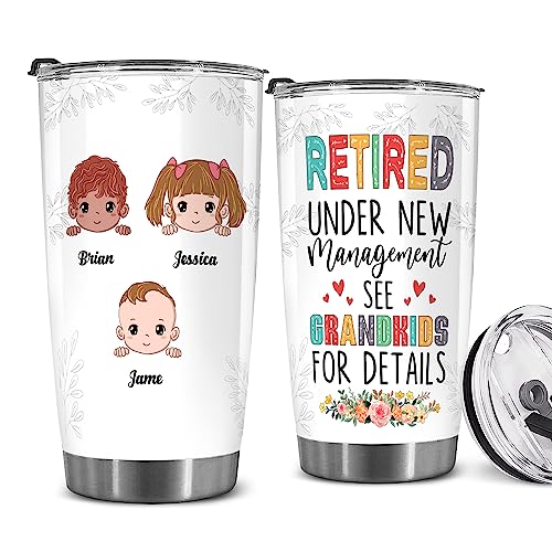 Retired Tumbler Retired Under New Management See Grandkids For Details Tumbler Funny Happy Retirement Gift For Grandma Women From Grandkids On Mothers Day Birthday Anniversary Christmas