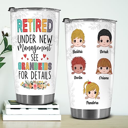 Retired Tumbler Retired Under New Management See Grandkids For Details Tumbler Funny Happy Retirement Gift For Grandma Women From Grandkids On Mothers Day Birthday Anniversary Christmas