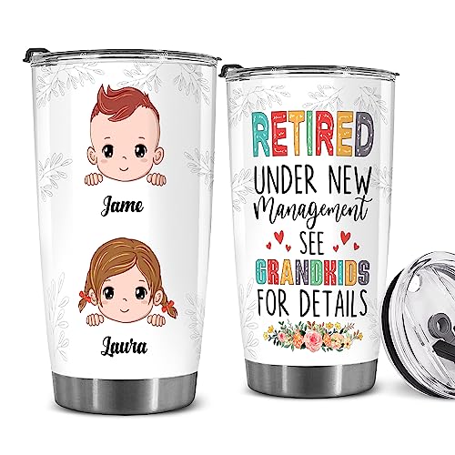 Retired Tumbler Retired Under New Management See Grandkids For Details Tumbler Funny Happy Retirement Gift For Grandma Women From Grandkids On Mothers Day Birthday Anniversary Christmas