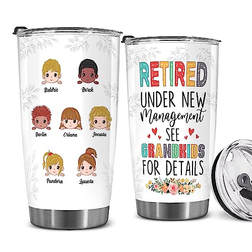 Retired Tumbler Retired Under New Management See Grandkids For Details Tumbler Funny Happy Retirement Gift For Grandma Women From Grandkids On Mothers Day Birthday Anniversary Christmas