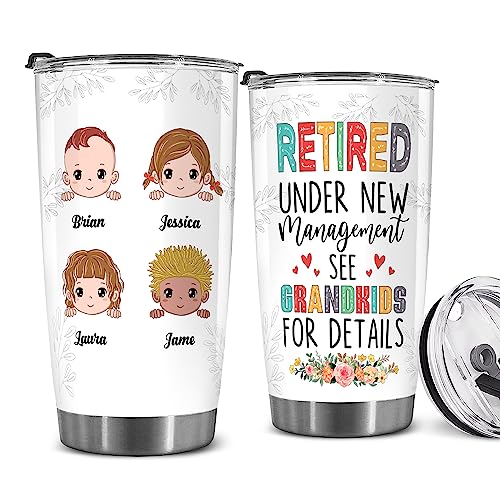 Retired Tumbler Retired Under New Management See Grandkids For Details Tumbler Funny Happy Retirement Gift For Grandma Women From Grandkids On Mothers Day Birthday Anniversary Christmas