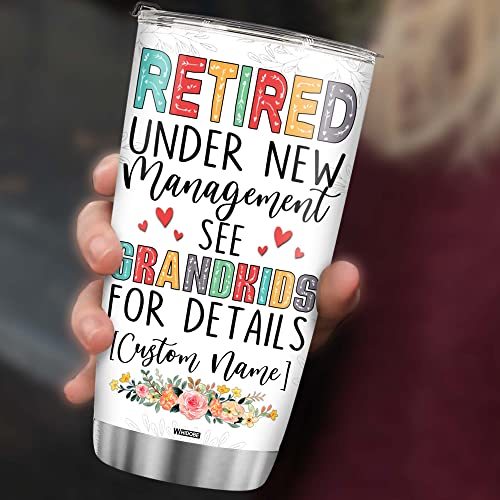 Retired Tumbler Retired Under New Management See Grandkids For Details Tumbler Funny Happy Retirement Gift For Grandma Women From Grandkids On Mothers Day Birthday Anniversary Christmas
