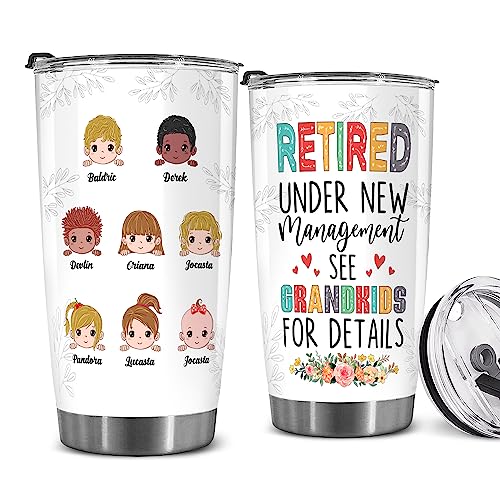 Retired Tumbler Retired Under New Management See Grandkids For Details Tumbler Funny Happy Retirement Gift For Grandma Women From Grandkids On Mothers Day Birthday Anniversary Christmas