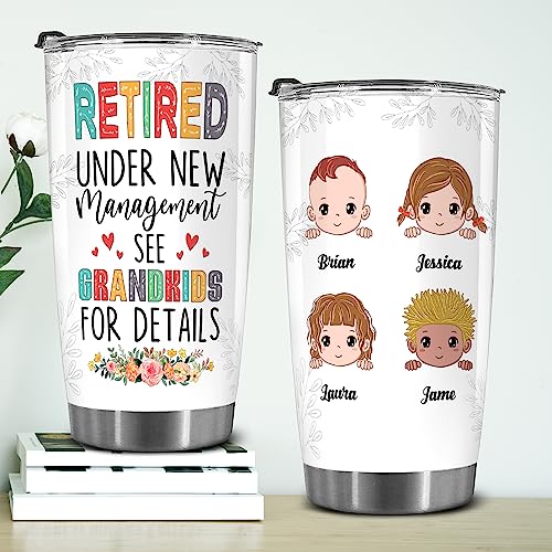 Retired Tumbler Retired Under New Management See Grandkids For Details Tumbler Funny Happy Retirement Gift For Grandma Women From Grandkids On Mothers Day Birthday Anniversary Christmas