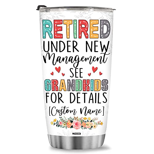 Retired Tumbler Retired Under New Management See Grandkids For Details Tumbler Funny Happy Retirement Gift For Grandma Women From Grandkids On Mothers Day Birthday Anniversary Christmas