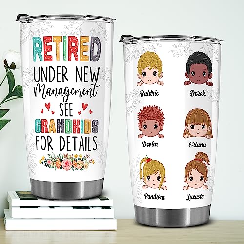 Retired Tumbler Retired Under New Management See Grandkids For Details Tumbler Funny Happy Retirement Gift For Grandma Women From Grandkids On Mothers Day Birthday Anniversary Christmas