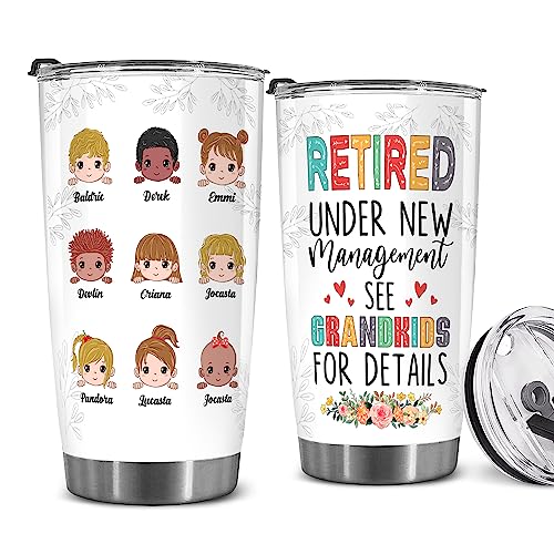 Retired Tumbler Retired Under New Management See Grandkids For Details Tumbler Funny Happy Retirement Gift For Grandma Women From Grandkids On Mothers Day Birthday Anniversary Christmas