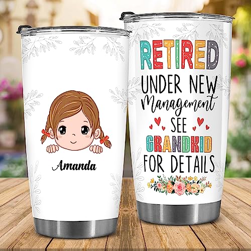Retired Tumbler Retired Under New Management See Grandkids For Details Tumbler Funny Happy Retirement Gift For Grandma Women From Grandkids On Mothers Day Birthday Anniversary Christmas