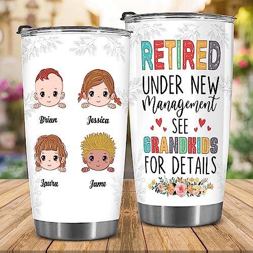 Retired Tumbler Retired Under New Management See Grandkids For Details Tumbler Funny Happy Retirement Gift For Grandma Women From Grandkids On Mothers Day Birthday Anniversary Christmas
