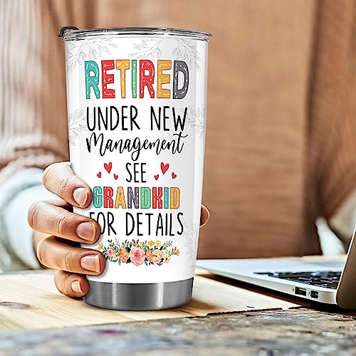 Retired Tumbler Retired Under New Management See Grandkids For Details Tumbler Funny Happy Retirement Gift For Grandma Women From Grandkids On Mothers Day Birthday Anniversary Christmas
