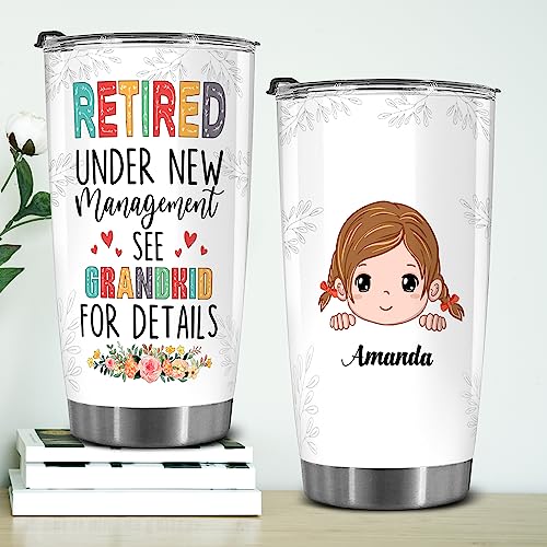Retired Tumbler Retired Under New Management See Grandkids For Details Tumbler Funny Happy Retirement Gift For Grandma Women From Grandkids On Mothers Day Birthday Anniversary Christmas