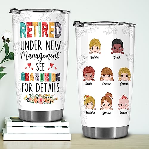 Retired Tumbler Retired Under New Management See Grandkids For Details Tumbler Funny Happy Retirement Gift For Grandma Women From Grandkids On Mothers Day Birthday Anniversary Christmas