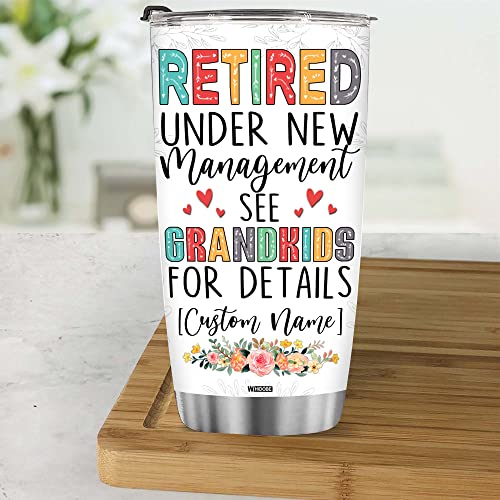 Retired Tumbler Retired Under New Management See Grandkids For Details Tumbler Funny Happy Retirement Gift For Grandma Women From Grandkids On Mothers Day Birthday Anniversary Christmas