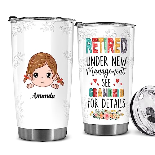 Retired Tumbler Retired Under New Management See Grandkids For Details Tumbler Funny Happy Retirement Gift For Grandma Women From Grandkids On Mothers Day Birthday Anniversary Christmas