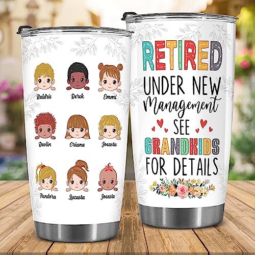 Retired Tumbler Retired Under New Management See Grandkids For Details Tumbler Funny Happy Retirement Gift For Grandma Women From Grandkids On Mothers Day Birthday Anniversary Christmas