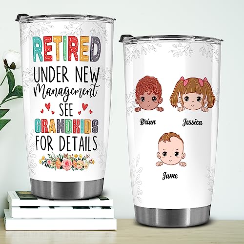 Retired Tumbler Retired Under New Management See Grandkids For Details Tumbler Funny Happy Retirement Gift For Grandma Women From Grandkids On Mothers Day Birthday Anniversary Christmas