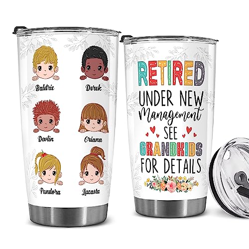 Retired Tumbler Retired Under New Management See Grandkids For Details Tumbler Funny Happy Retirement Gift For Grandma Women From Grandkids On Mothers Day Birthday Anniversary Christmas