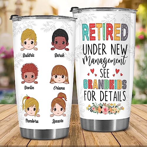 Retired Tumbler Retired Under New Management See Grandkids For Details Tumbler Funny Happy Retirement Gift For Grandma Women From Grandkids On Mothers Day Birthday Anniversary Christmas
