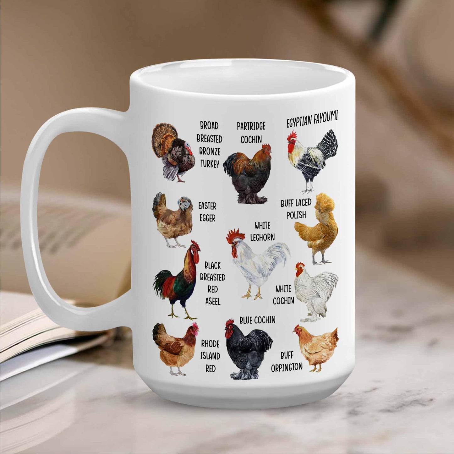 Breeds of Chickens Mug - Chicken Lover Gifts for Women, Chicken Mom Gifts, Chicken Mug Gifts for Chicken Owners, Chicken Coffee Mug with Roosters, Farm Chicken Themed Gifts White Mug 15OZ