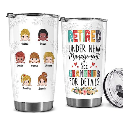 Retired Tumbler Retired Under New Management See Grandkids For Details Tumbler Funny Happy Retirement Gift For Grandma Women From Grandkids On Mothers Day Birthday Anniversary Christmas