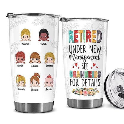 Retired Tumbler Retired Under New Management See Grandkids For Details Tumbler Funny Happy Retirement Gift For Grandma Women From Grandkids On Mothers Day Birthday Anniversary Christmas