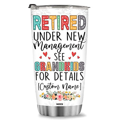 Retired Tumbler Retired Under New Management See Grandkids For Details Tumbler Funny Happy Retirement Gift For Grandma Women From Grandkids On Mothers Day Birthday Anniversary Christmas