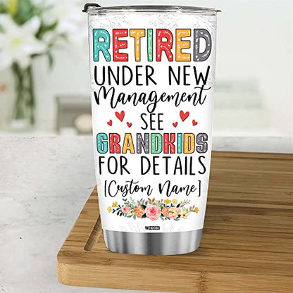 Retired Tumbler Retired Under New Management See Grandkids For Details Tumbler Funny Happy Retirement Gift For Grandma Women From Grandkids On Mothers Day Birthday Anniversary Christmas